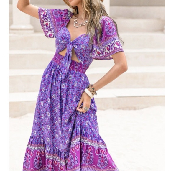 Boho floral print cutout tie front maxi dress - Picture 4 of 6